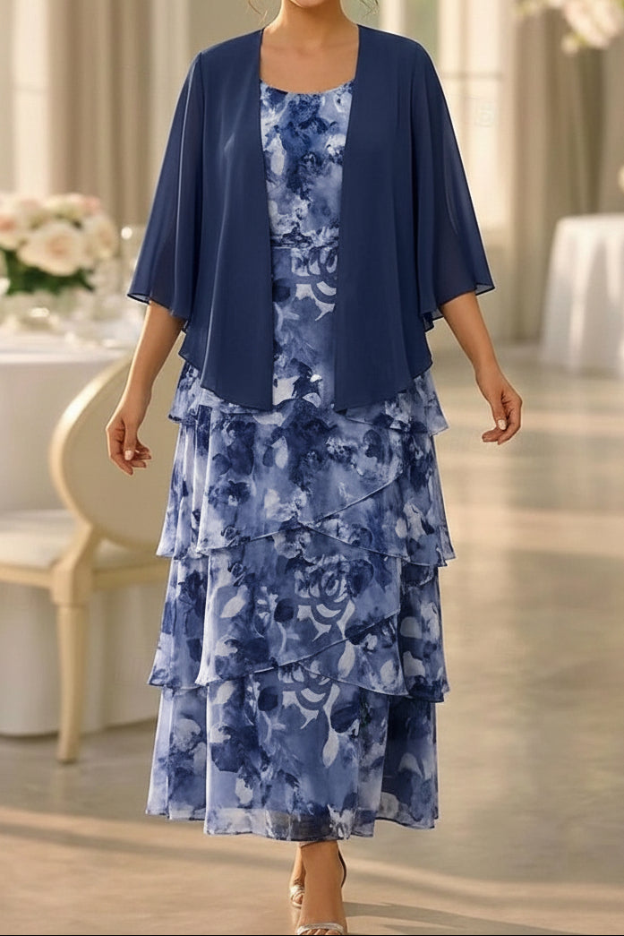 Floral Tiered Ankle-Length Dress with Chiffon Jacket