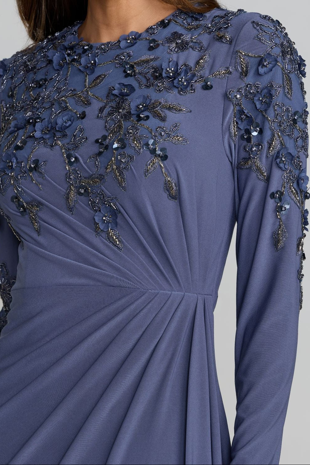 Long Sleeve Crepe Gown with Beaded Floral Applique
