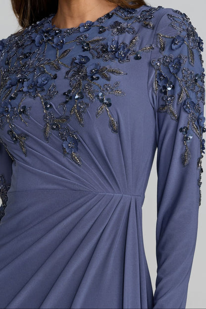 Long Sleeve Crepe Gown with Beaded Floral Applique