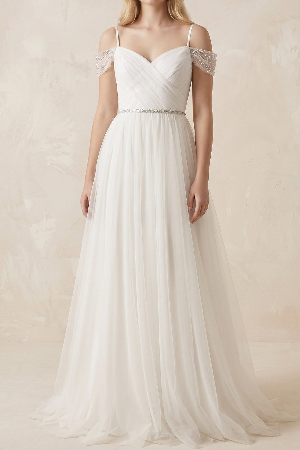 A-Line Tulle Wedding Dress with Beaded Cold Shoulders