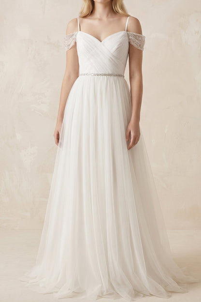 A-Line Tulle Wedding Dress with Beaded Cold Shoulders