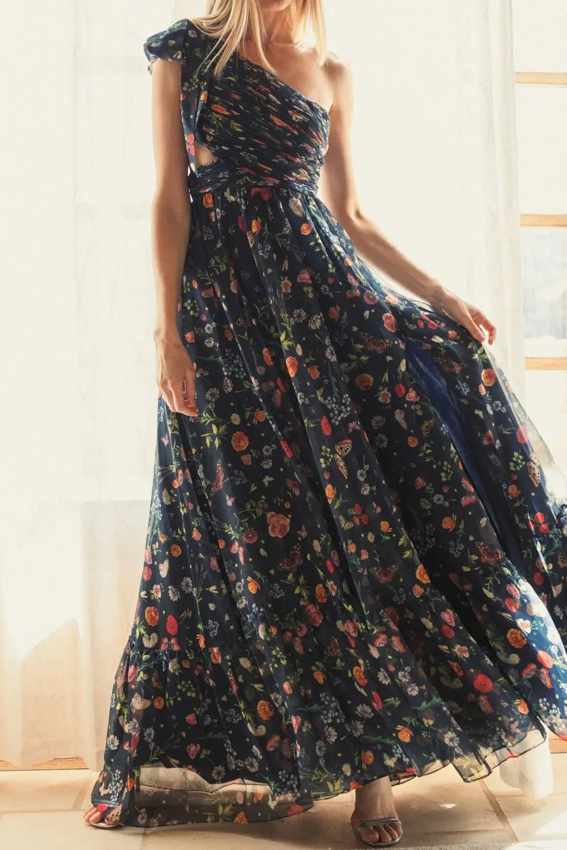 One-Shoulder Floral Cut-Out Maxi Dress