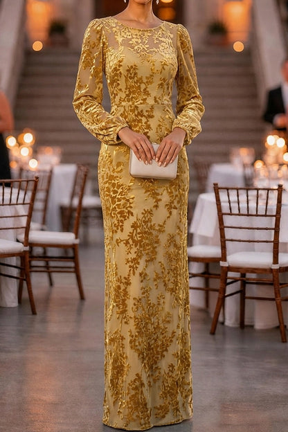 Illusion Neck Long Sleeve Floral Burnout Gown