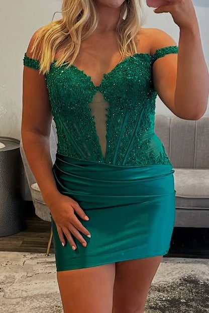 Off-the-Shoulder Beaded Corset Satin Mini Dress