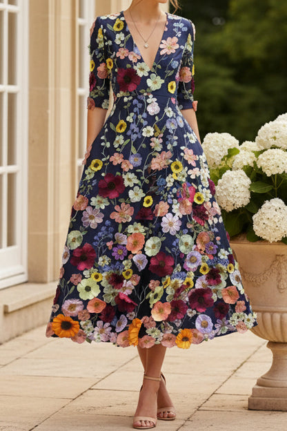 Floral Embroidered Deep V-Neck Midi Dress with Pockets