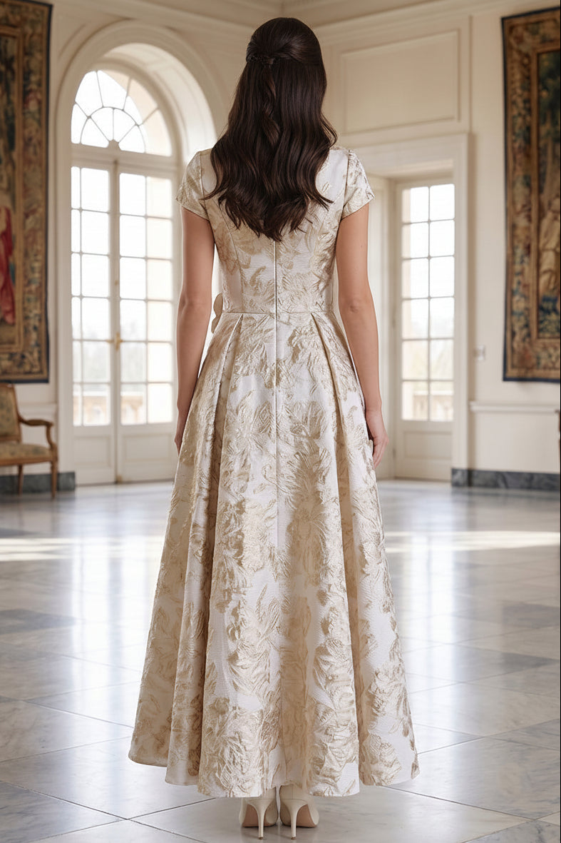 Floral Jacquard Bateau Neck A-Line Dress
