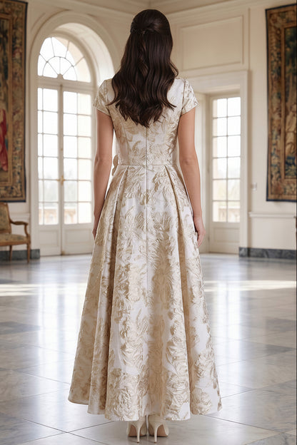 Floral Jacquard Bateau Neck A-Line Dress