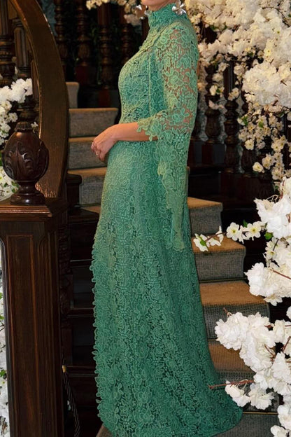 Lace High Neck Gown with Asymmetrical Sleeve