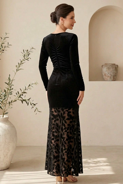 Long-Sleeve Velvet Maxi Dress with Burnout Skirt