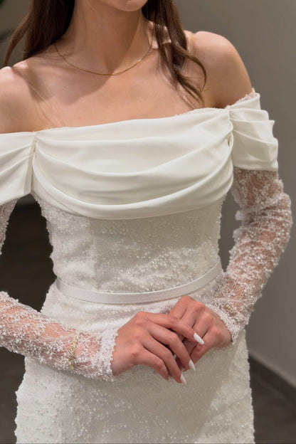 Off-the-Shoulder Beaded Lace Midi Dress