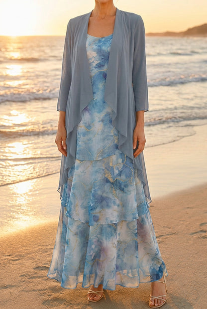 Tiered Maxi Dress with Sheer Draped Jacket