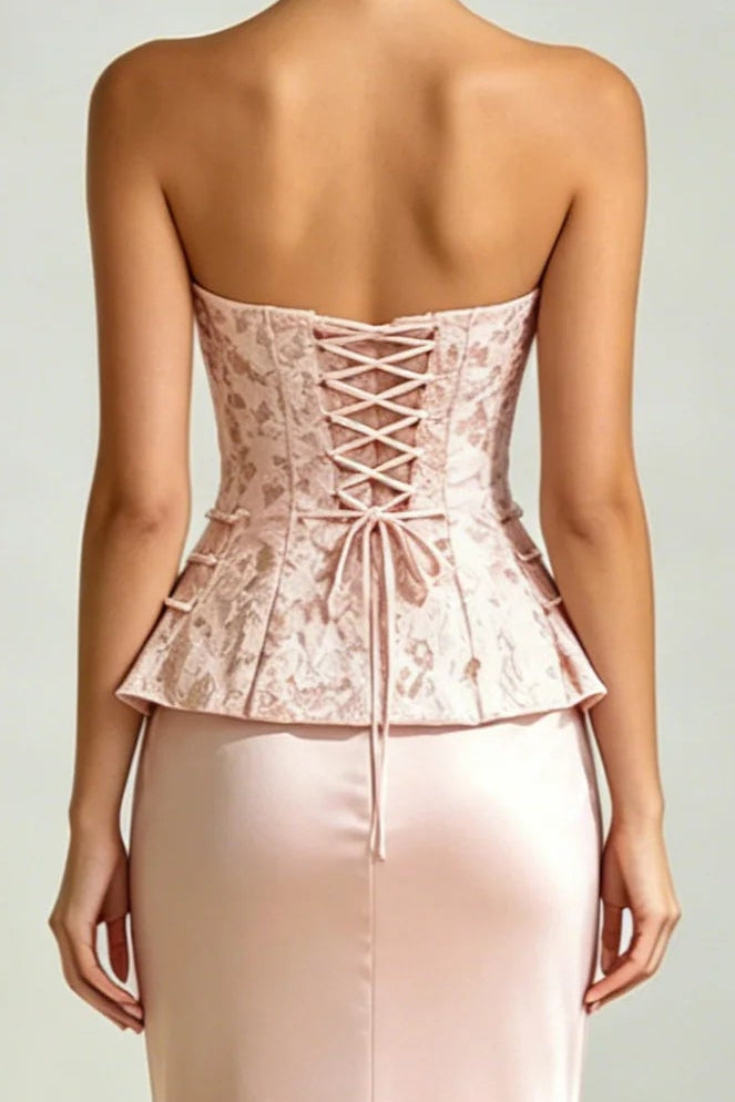 Strapless Jacquard Peplum Maxi Gown with Lace-Up Back