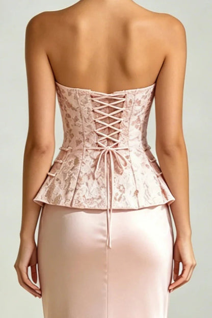 Strapless Jacquard Peplum Maxi Gown with Lace-Up Back