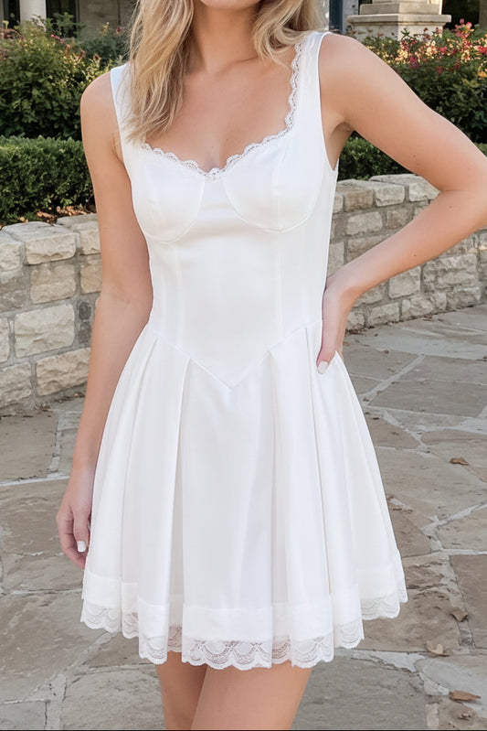 Corset Lace-Up Mini Dress with Lace Trim