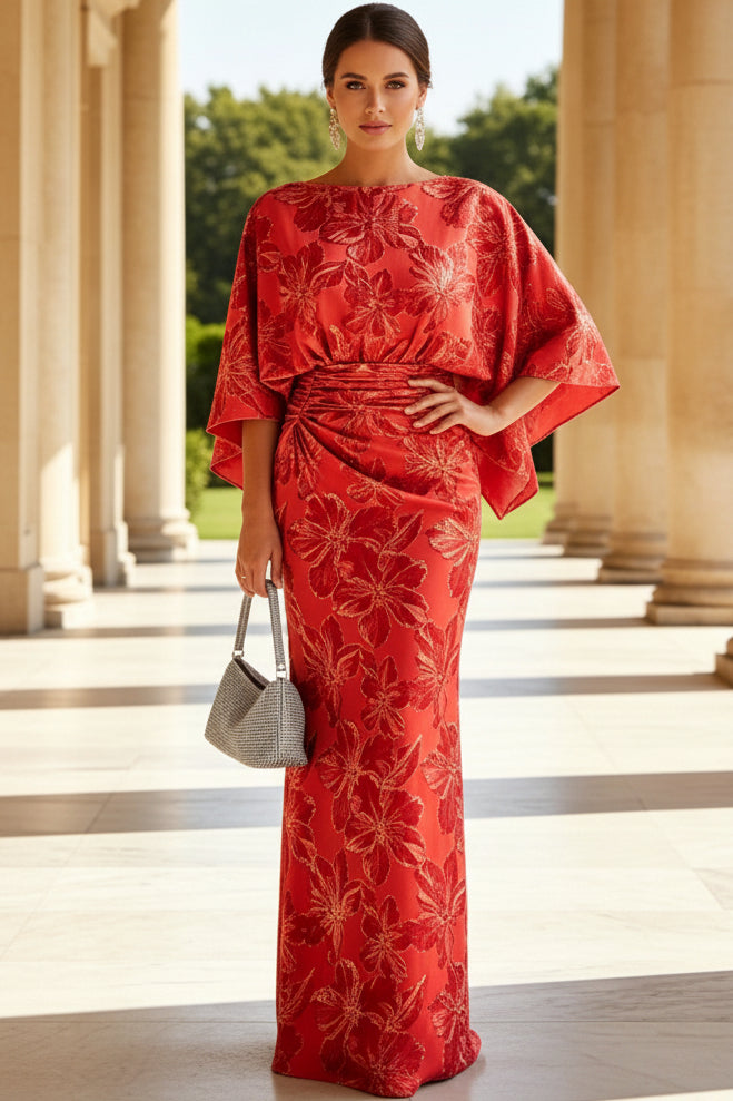 Floral Jacquard Cape Sleeve Evening Gown