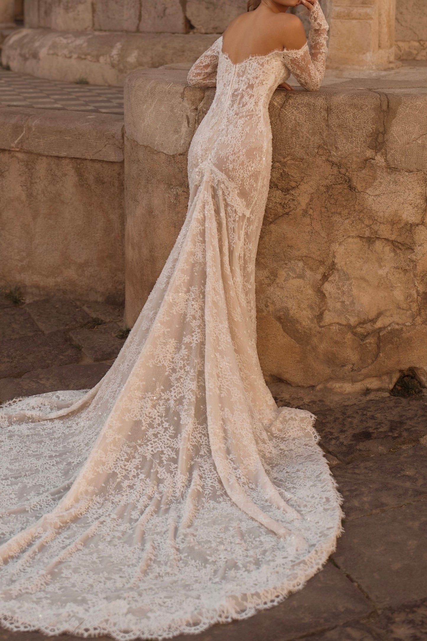 Off-Shoulder Lace Mermaid Wedding Gown with Long Sleeves