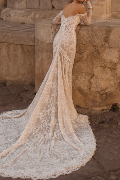 Off-Shoulder Lace Mermaid Wedding Gown with Long Sleeves