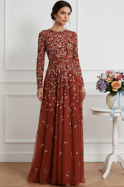 Long Sleeve Embroidered Floral A-Line Evening Gown