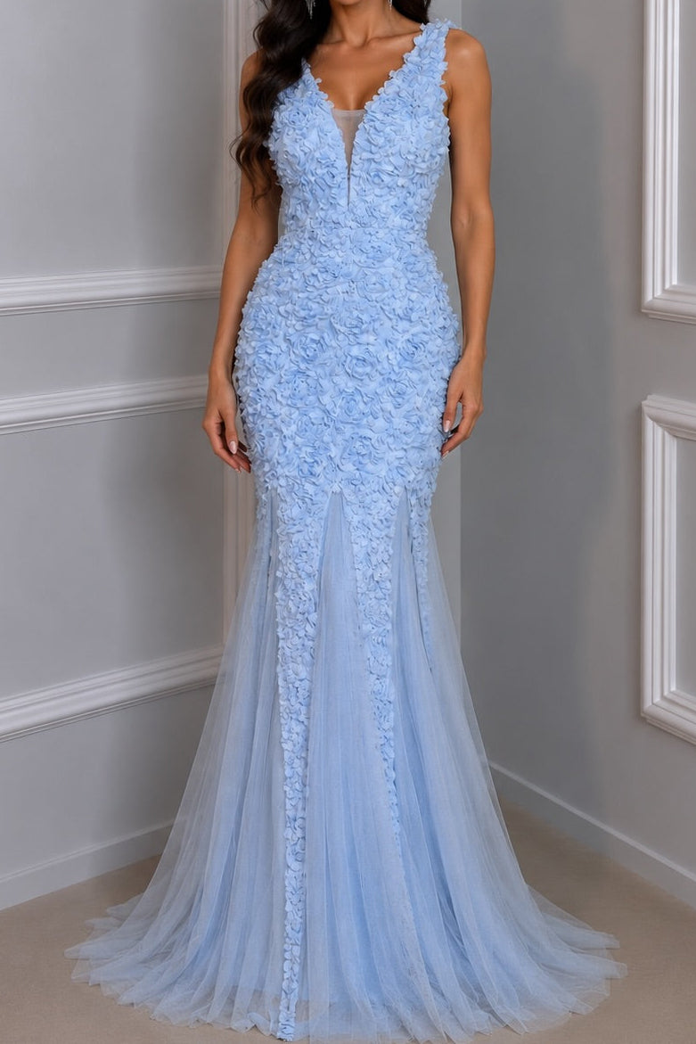 3D Floral Applique V-Neck Mermaid Evening Dress