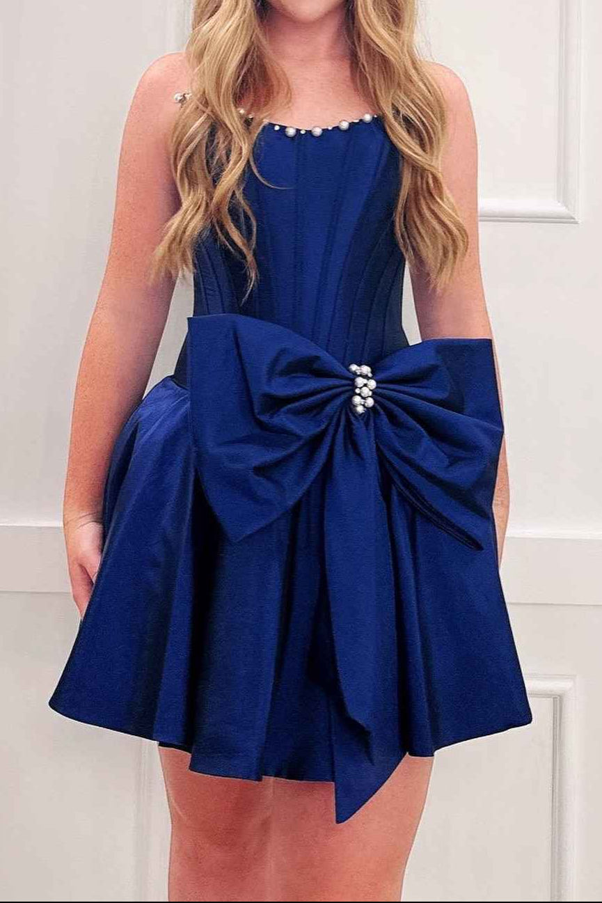 Pearl Trim Corset Mini Dress with Statement Bow