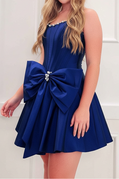 Pearl Trim Corset Mini Dress with Statement Bow