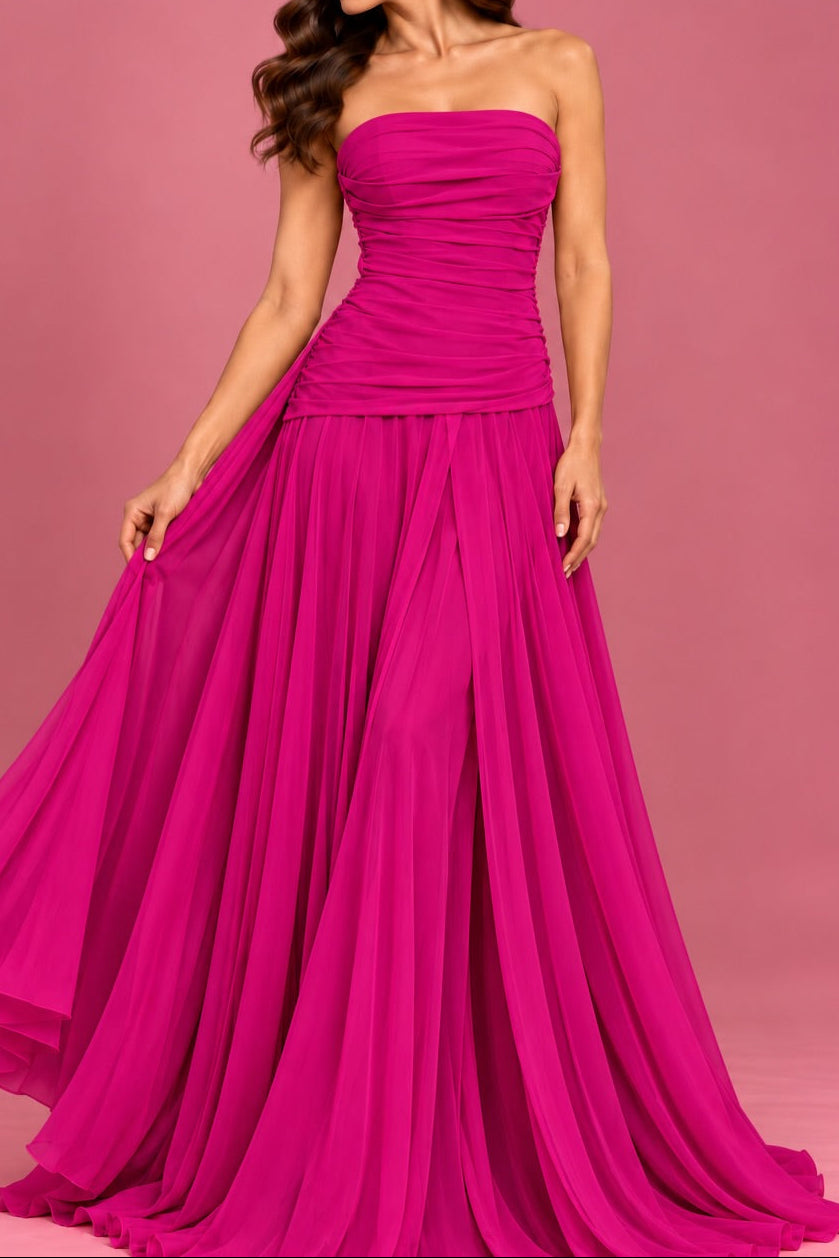 Strapless Ruched Gown with Chiffon Cape
