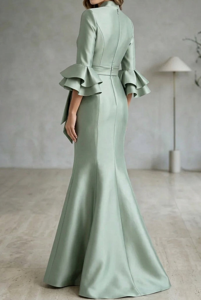 Mermaid Satin Gown with Ruffle Bell Sleeves