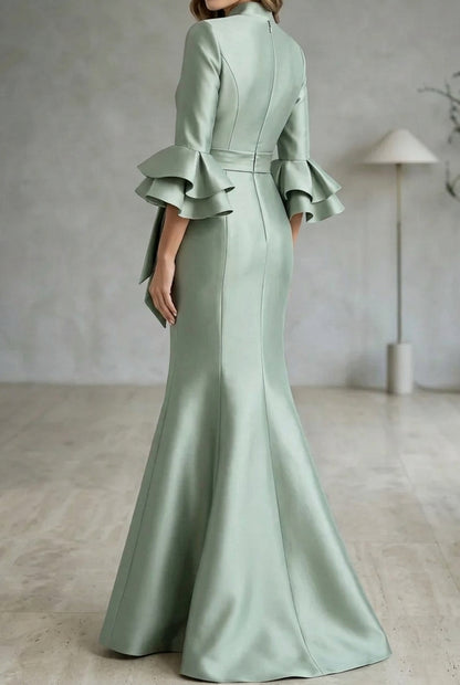 Mermaid Satin Gown with Ruffle Bell Sleeves
