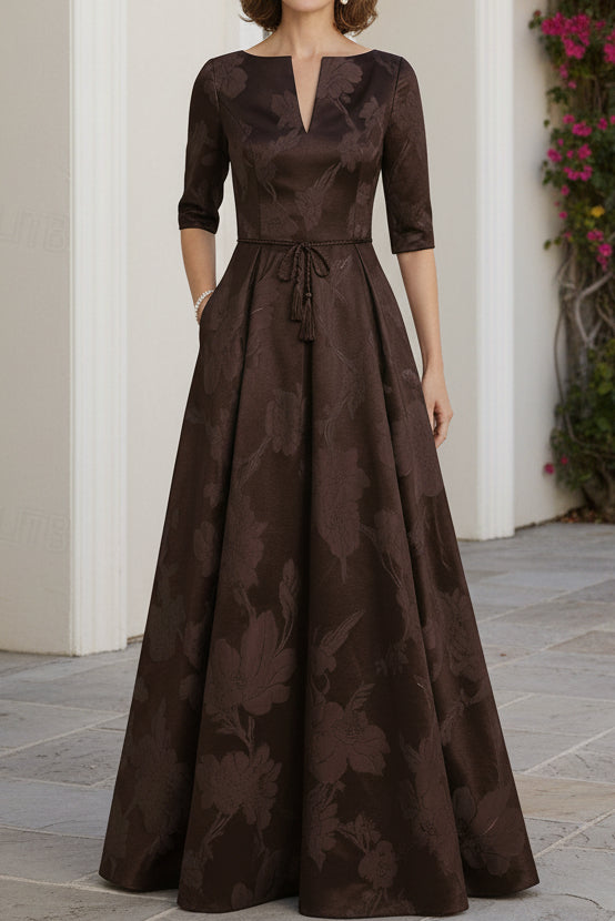 Floral Jacquard A-Line Evening Gown with Tie-Waist Belt