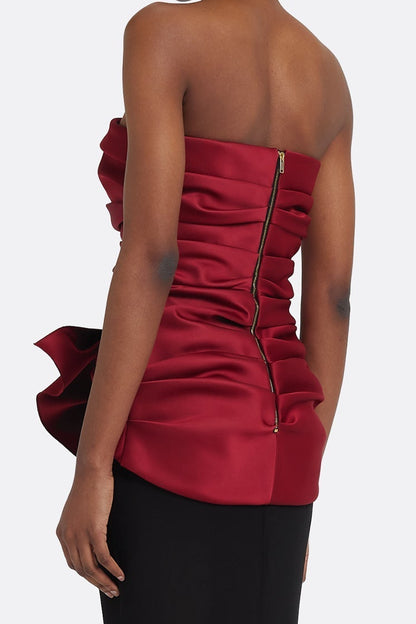 Strapless Pleated Evening Gown with Bow Accent