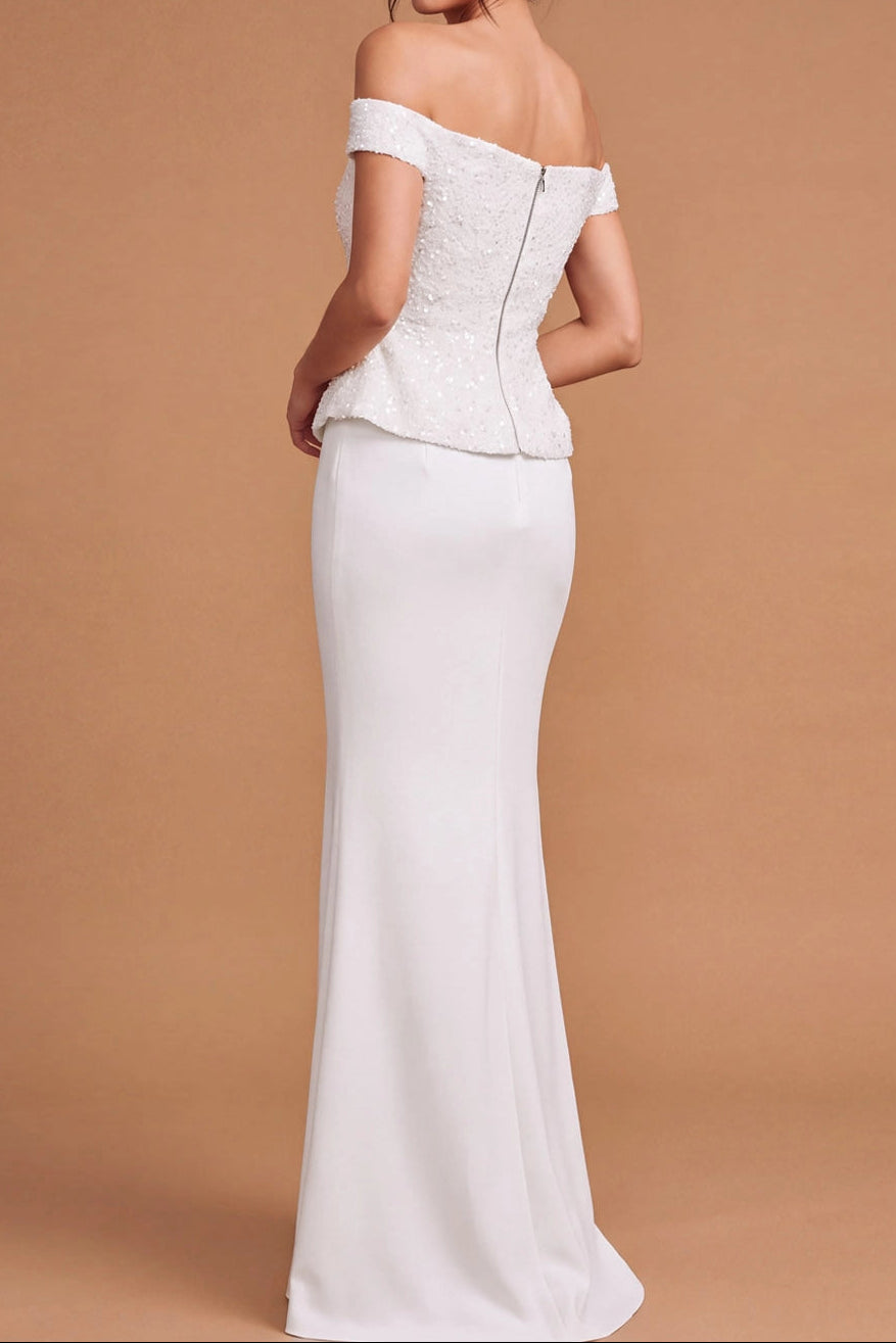 Off-Shoulder Sequin Peplum Column Evening Gown