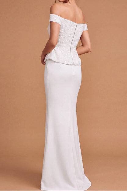 Off-Shoulder Sequin Peplum Column Evening Gown