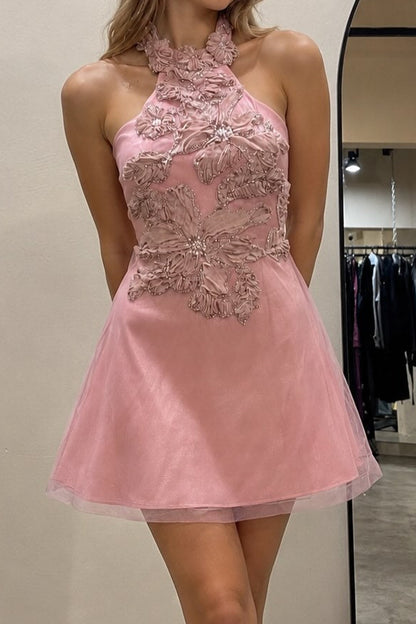 Halter 3D Floral Applique Mini Dress