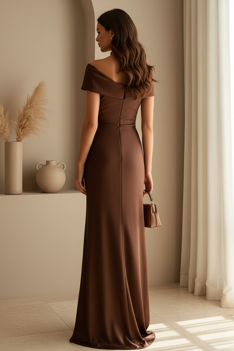 Twist Bodice Off-the-Shoulder Satin Maxi Dress