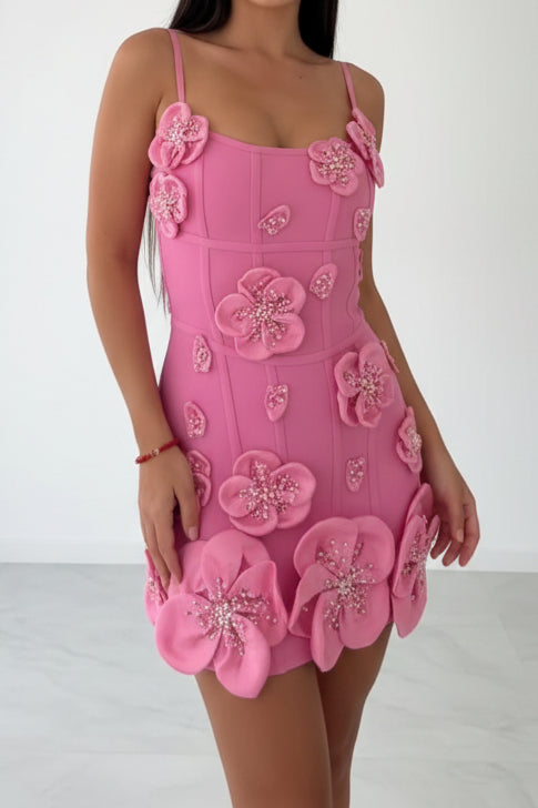 3D Floral Beaded Spaghetti Strap Mini Dress