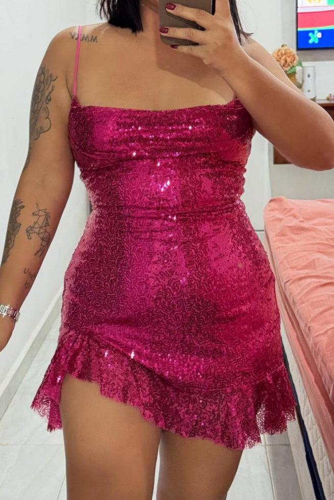 Sequin Ruffle Hem Lace-Up Mini Dress