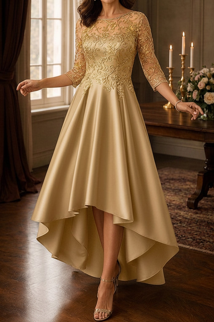 High-Low Satin Gown with Gold Embroidered Illusion Bodice