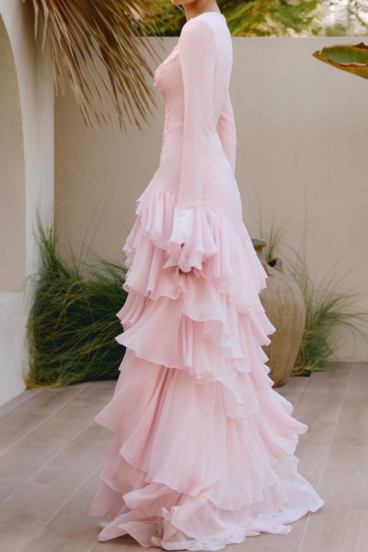 Tiered Ruffle Gown with Flared Cuffs