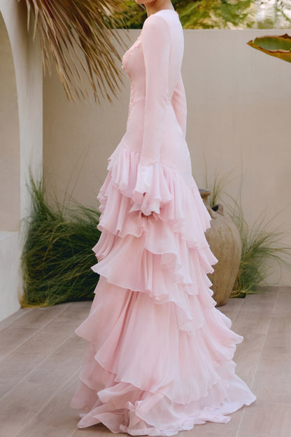 Tiered Ruffle Gown with Flared Cuffs