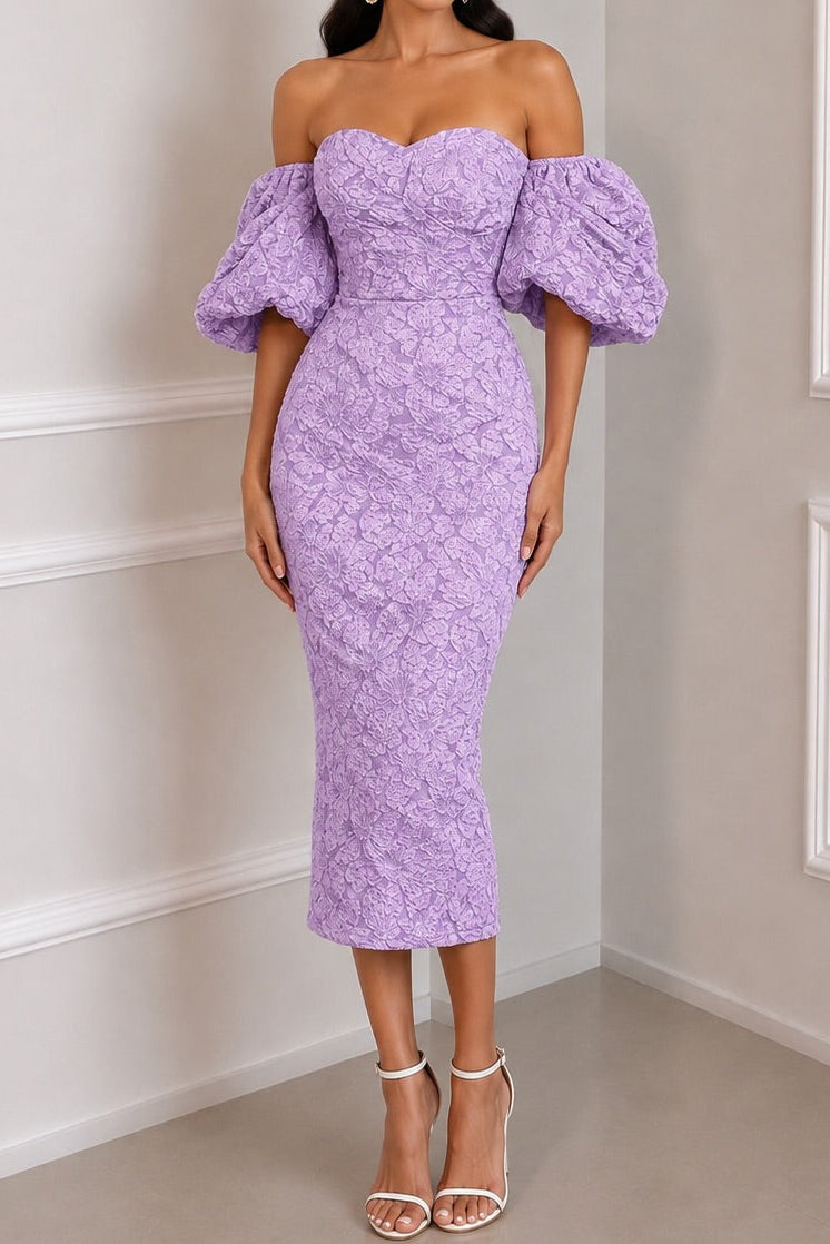 Off-the-Shoulder Puff Sleeve Jacquard Midi Dress