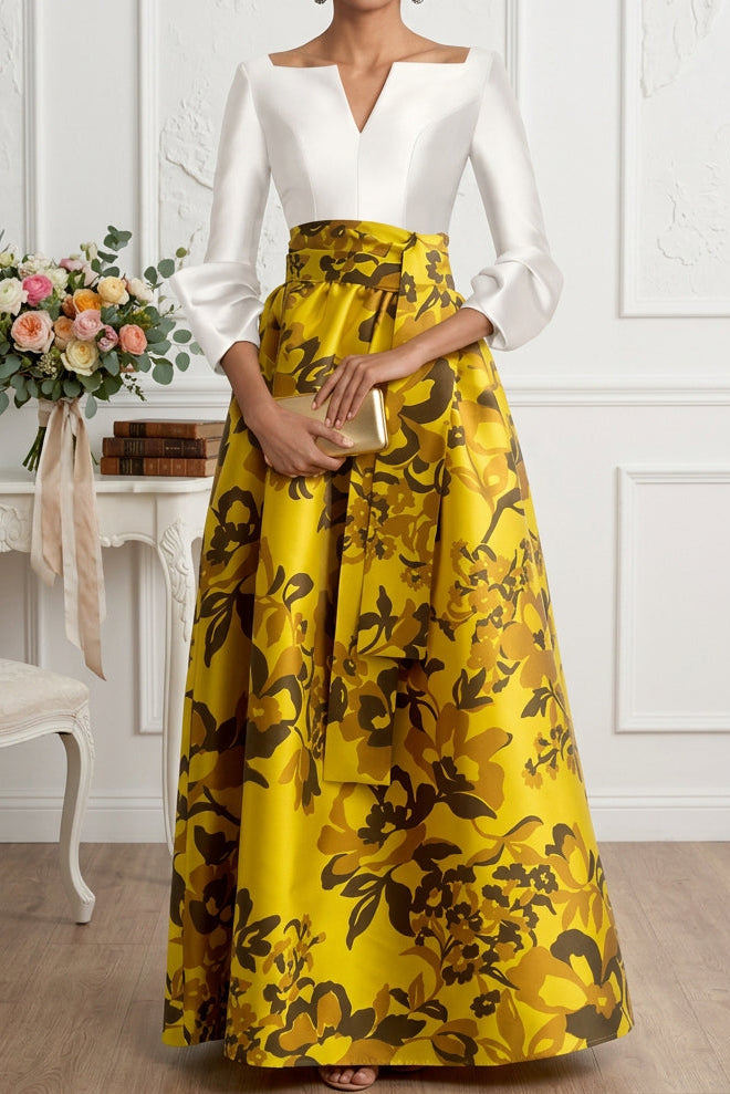 Floral Print Ball Gown with Flared Sleeves
