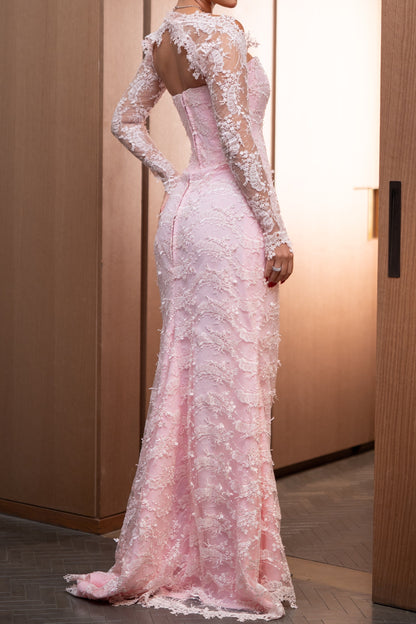 Off-the-Shoulder Lace Long Sleeve Evening Gown