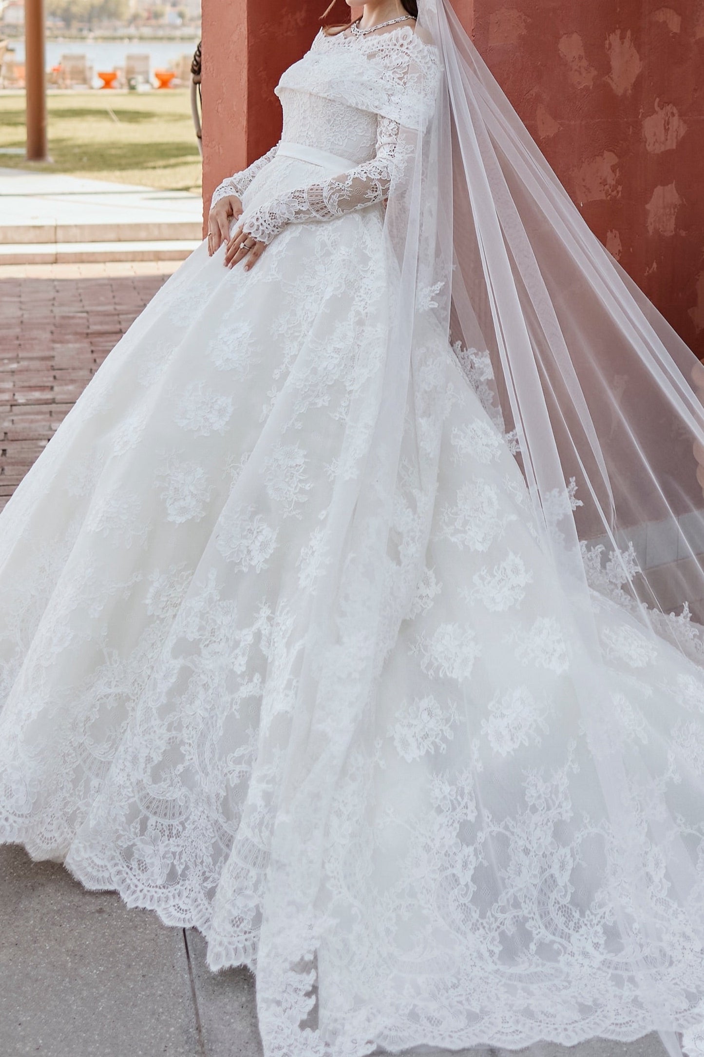 Off-Shoulder Lace Ball Gown Wedding Dress