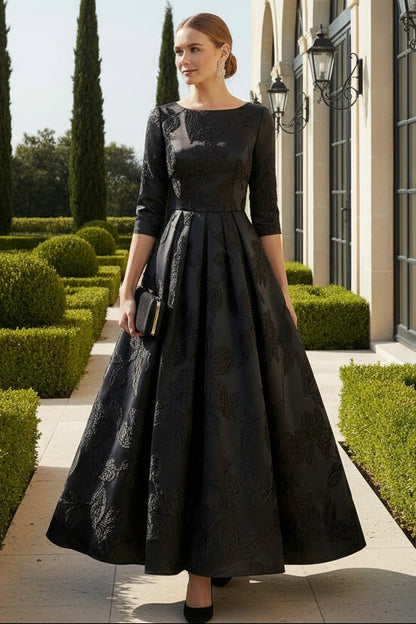 Floral Metallic Jacquard A-Line Dress with 3/4 Sleeves