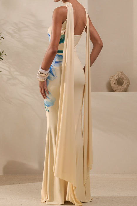 Strapless Floral Print Maxi Dress with Neck Drape