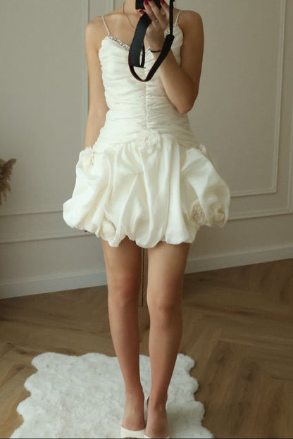 Ruched Bubble Hem Mini Dress with Rhinestone Trim