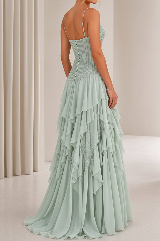 Beaded Corset Sweetheart Tiered Ruffled Gown