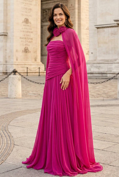 Strapless Ruched Gown with Chiffon Cape