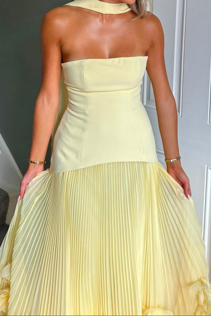 Strapless Pleated Gown with 3D Floral Hem & Scarf