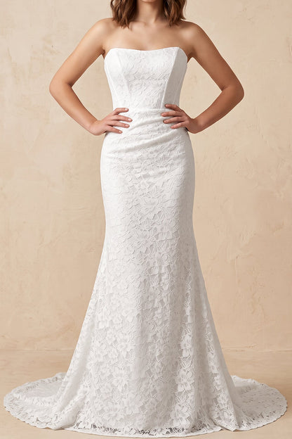 Strapless Lace Trumpet Wedding Dress with Train